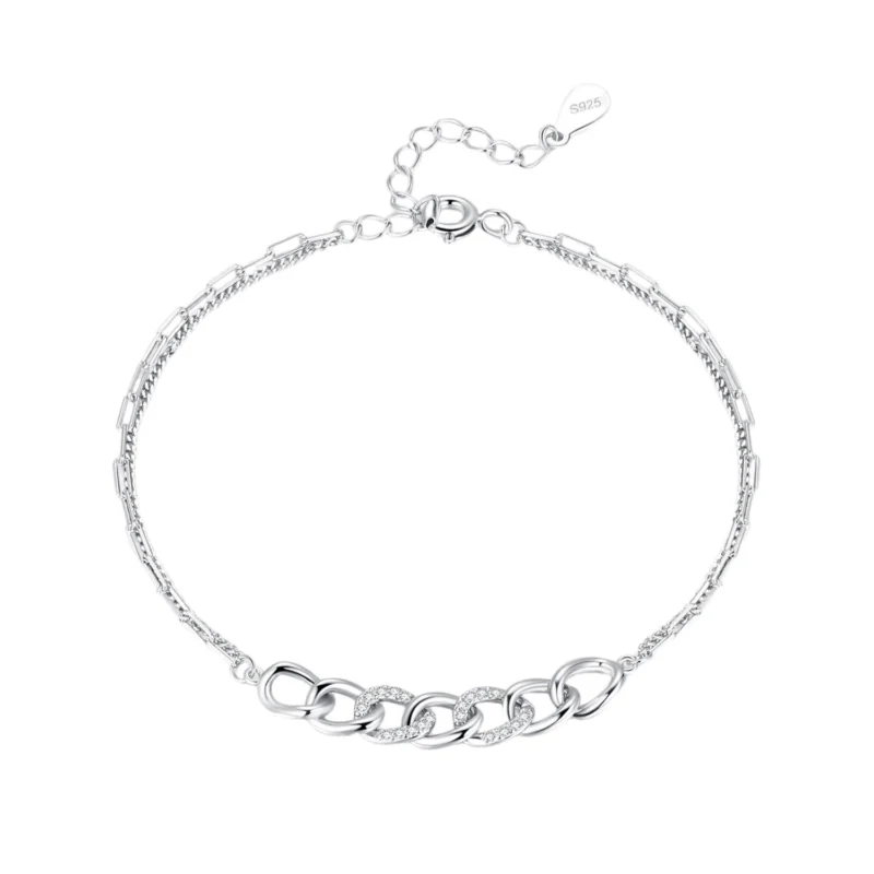 Chain Shape Bilayer Bracelet Charm Shiny CZ Bracelet 925 Sterling Silver