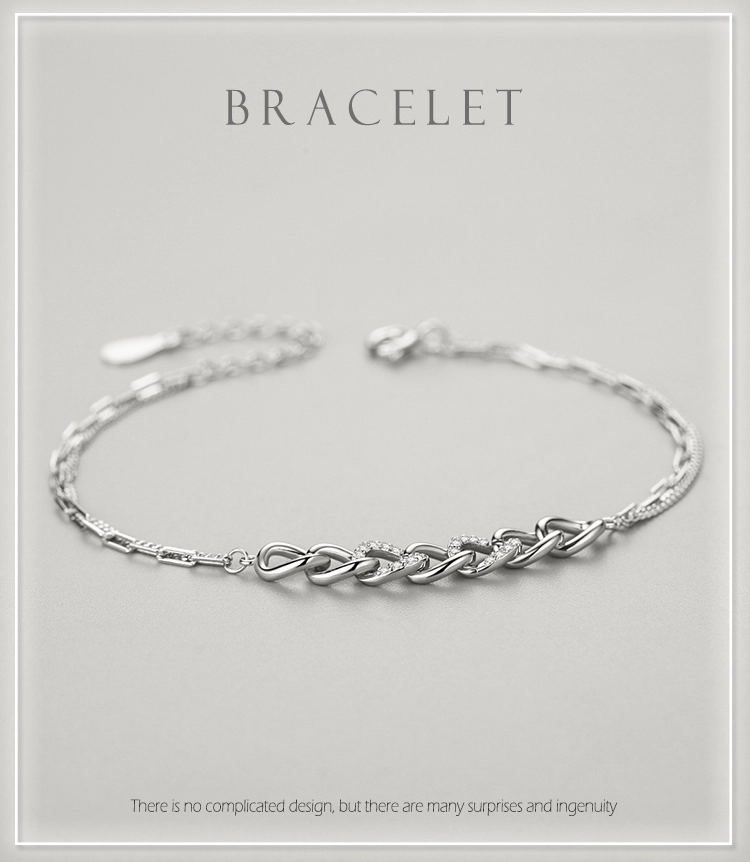 Chain Shape Bilayer Bracelet Charm Shiny CZ Bracelet 925 Sterling Silver