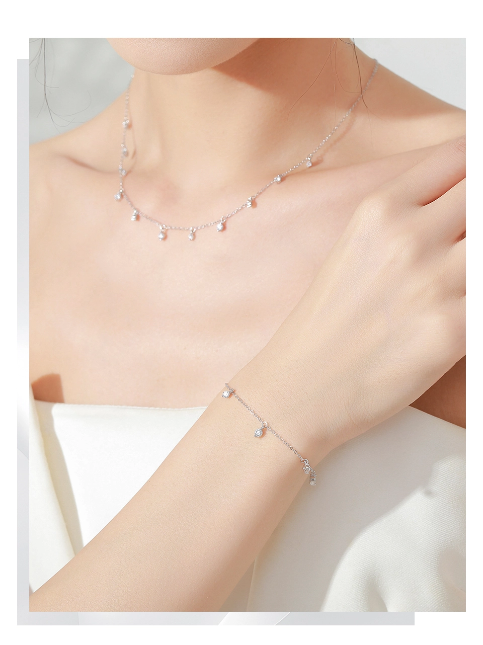 Round Shiny Zircon Pendant Link Bracelet 925 Sterling Silver