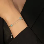 Vintage Turquoise Bracelet Shiny Zircon Link Chain Bracelet 925 Sterling Silver