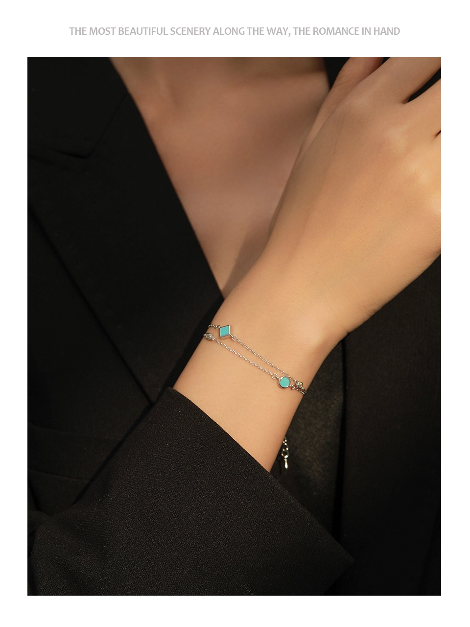 Vintage Turquoise Bracelet Shiny Zircon Link Chain Bracelet 925 Sterling Silver