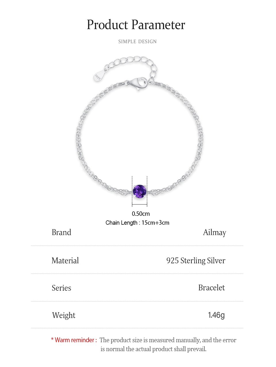 Dreamy Purple Round Zircon Bracelet 925 Sterling Silver