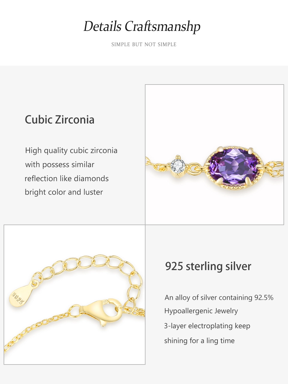 Purple Oval Zircon Gold Color Bracelet 925 Sterling Silver