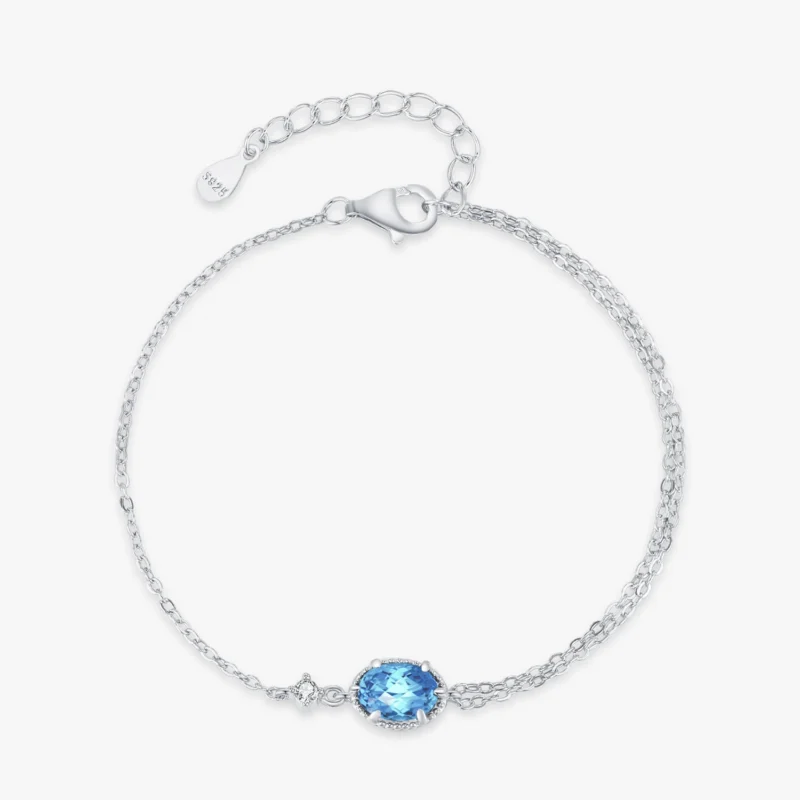 Aqua Blue Cubic Zirconia Oval Chain Bracelets 925 Sterling Silver