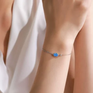 Aqua Blue Cubic Zirconia Oval Chain Bracelets 925 Sterling Silver