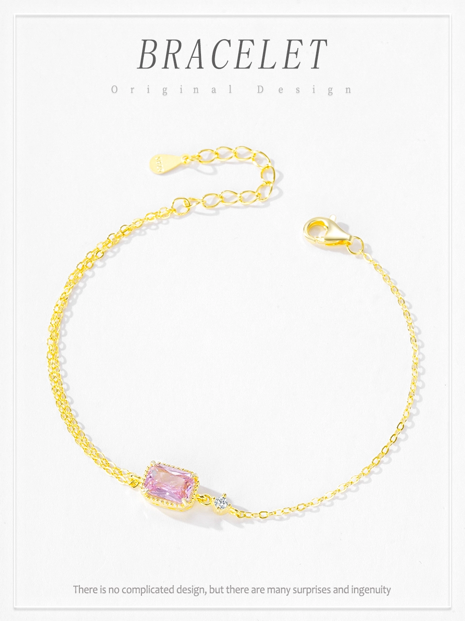Mini Rectangular Pink Zircon Exquisite Chain Bracelets 925 Sterling Silver