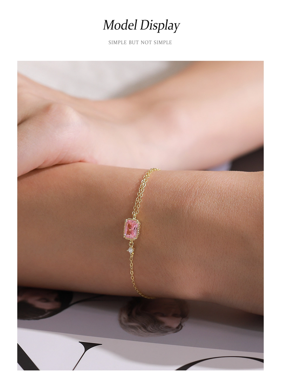 Mini Rectangular Pink Zircon Exquisite Chain Bracelets 925 Sterling Silver