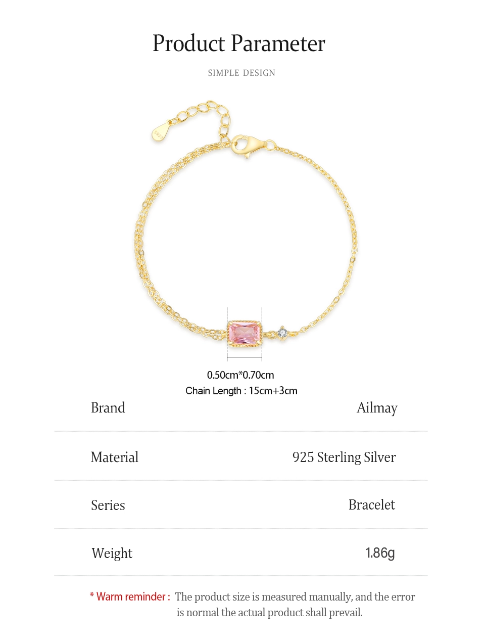 Mini Rectangular Pink Zircon Exquisite Chain Bracelets 925 Sterling Silver