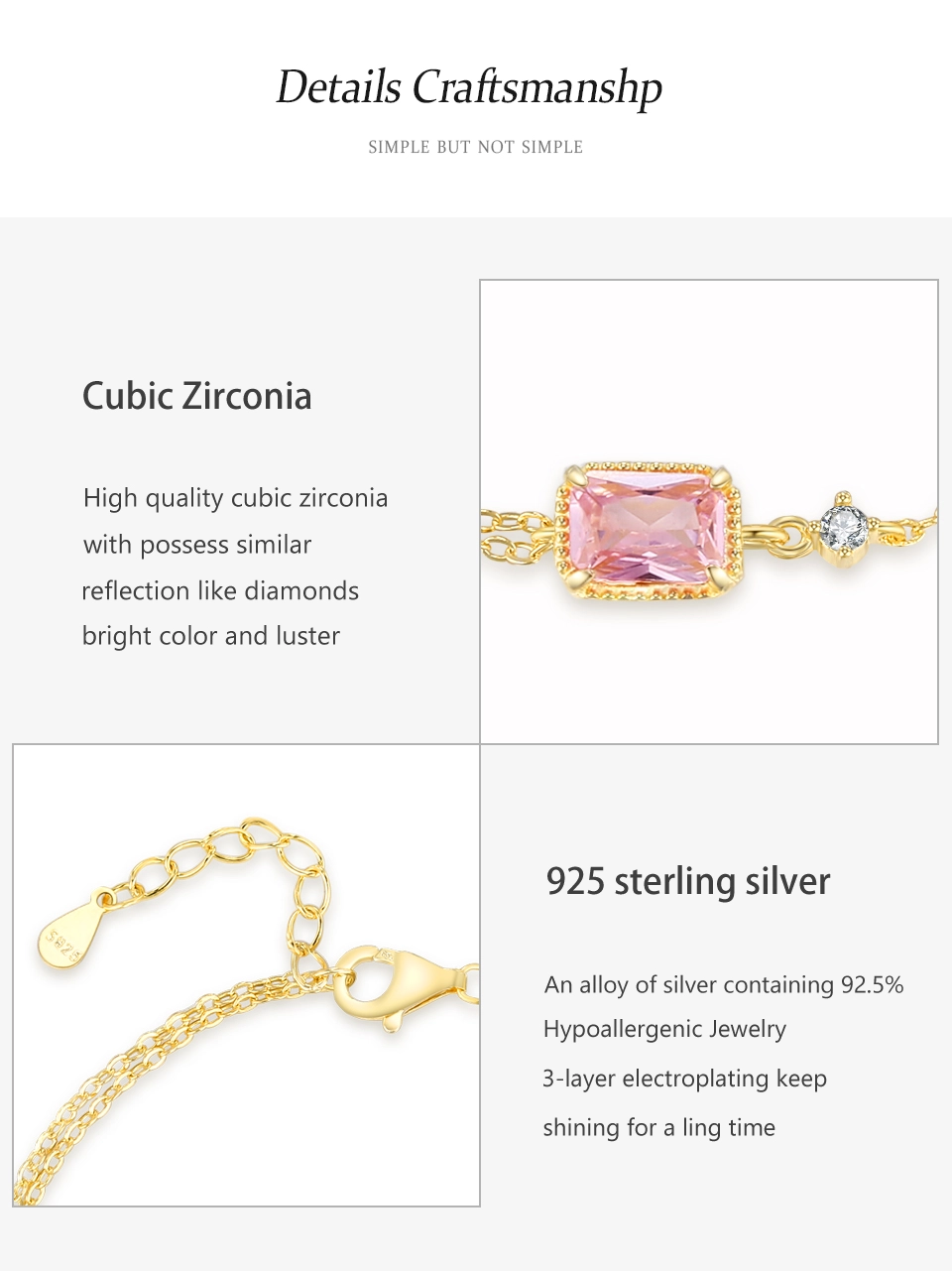 Mini Rectangular Pink Zircon Exquisite Chain Bracelets 925 Sterling Silver