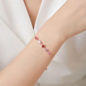 Sweet Pink Purple Geometric Design Chain Bracelet925 Sterling Silver