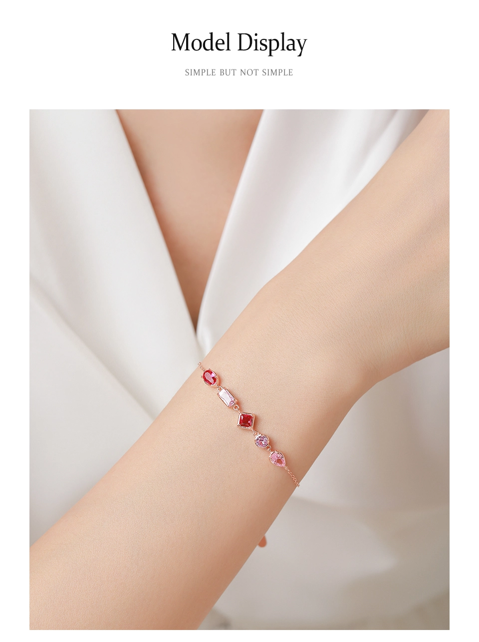 Sweet Pink Purple Geometric Design Chain Bracelet925 Sterling Silver