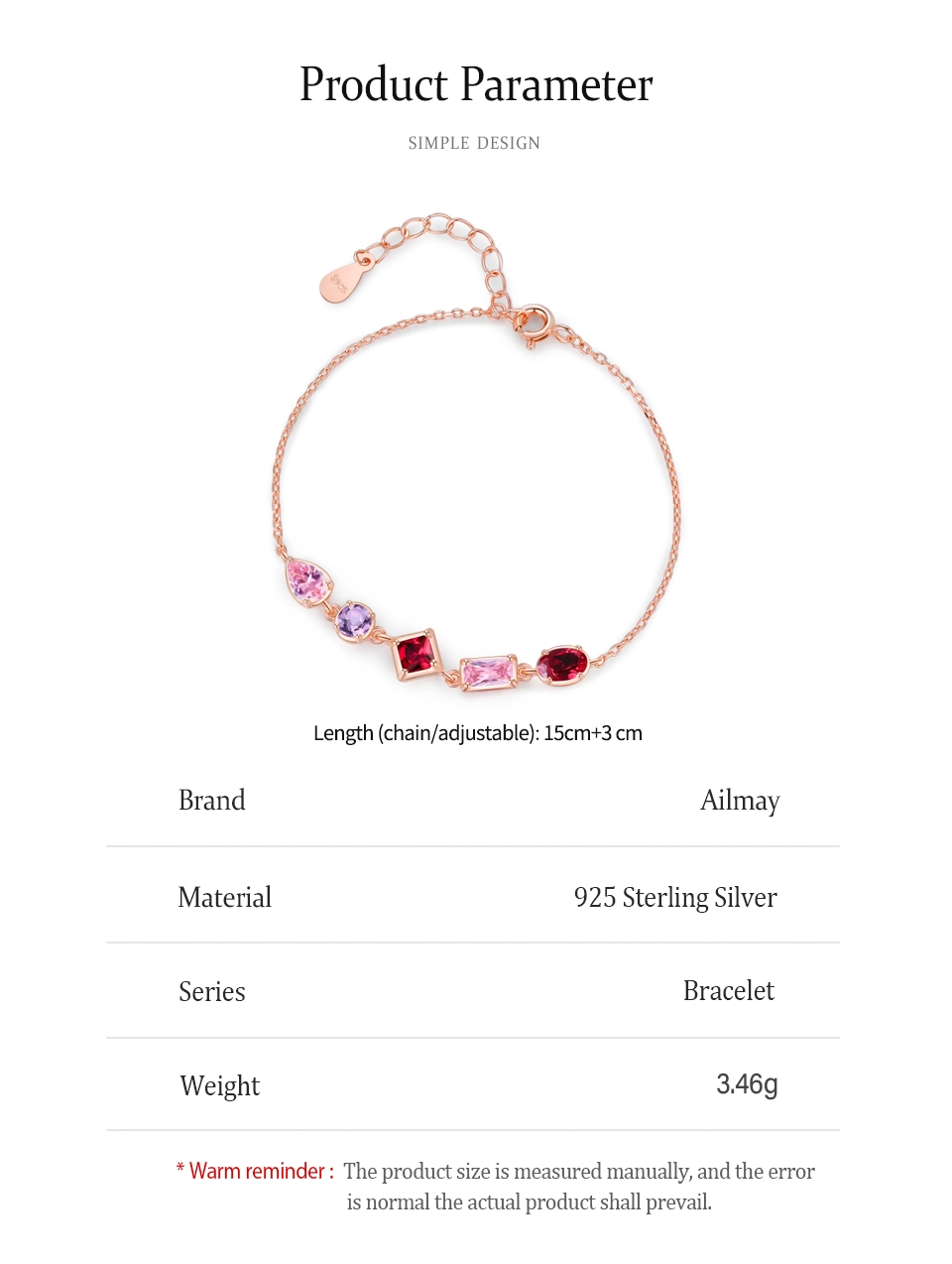 Sweet Pink Purple Geometric Design Chain Bracelet925 Sterling Silver