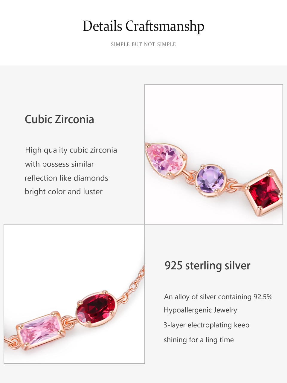 Sweet Pink Purple Geometric Design Chain Bracelet925 Sterling Silver