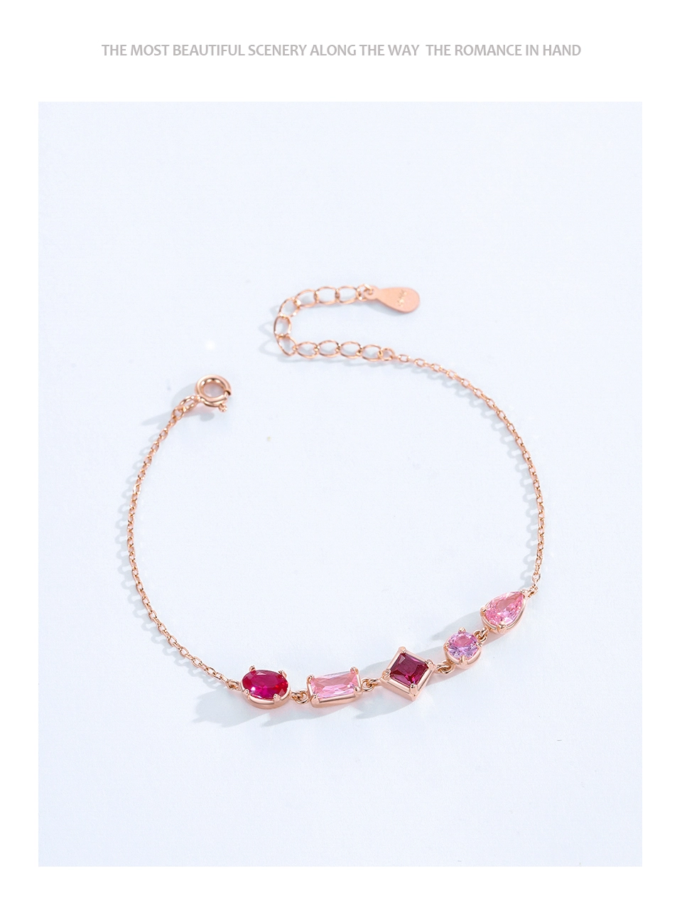 Sweet Pink Purple Geometric Design Chain Bracelet925 Sterling Silver