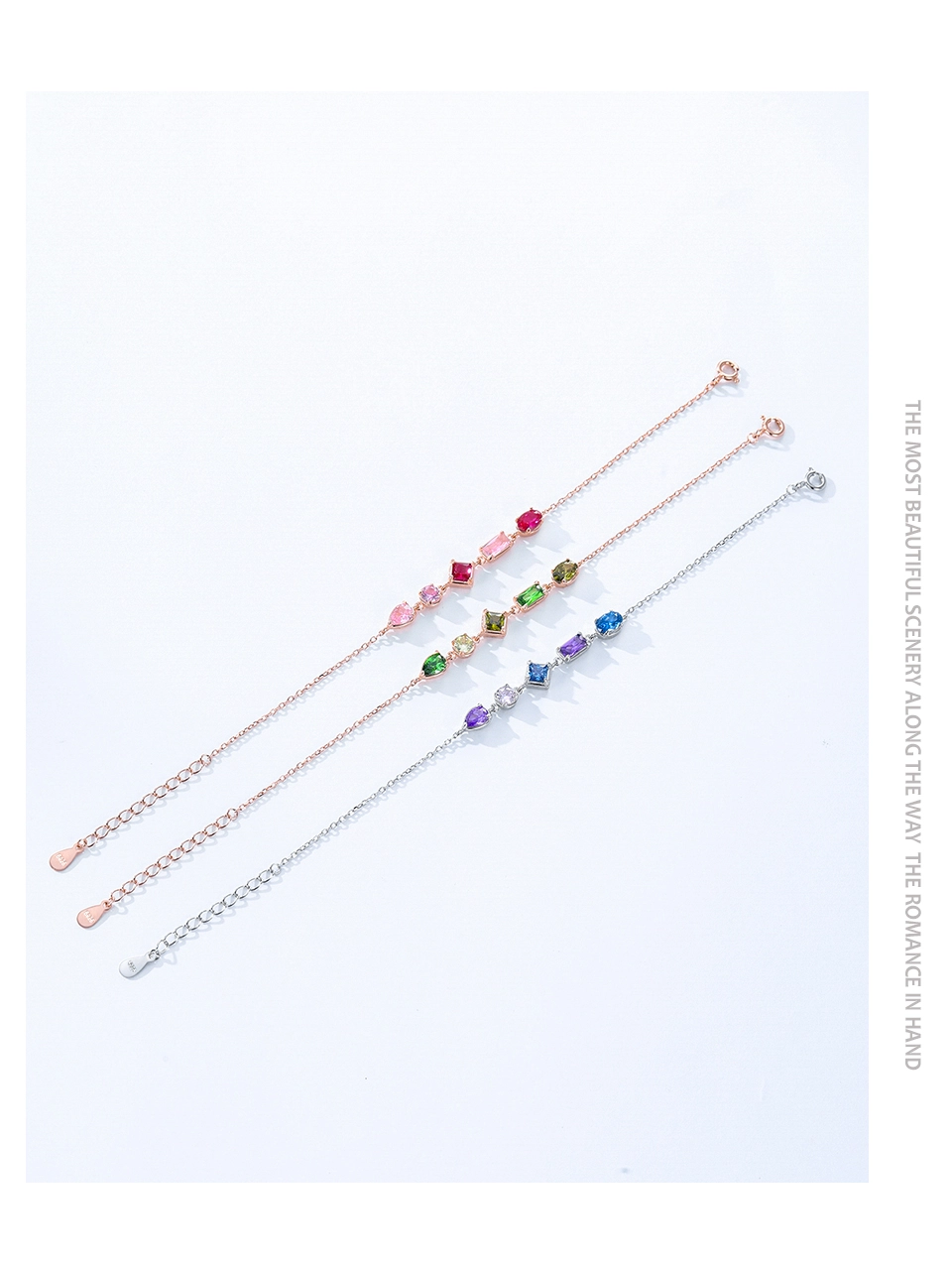 Sweet Pink Purple Geometric Design Chain Bracelet925 Sterling Silver