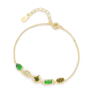Geometric Design Green Yellow Cubic Zircon Chain Bracelet 925 Sterling Silver