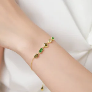 Geometric Design Green Yellow Cubic Zircon Chain Bracelet 925 Sterling Silver