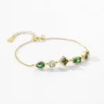 Geometric Design Green Yellow Cubic Zircon Chain Bracelet 925 Sterling Silver