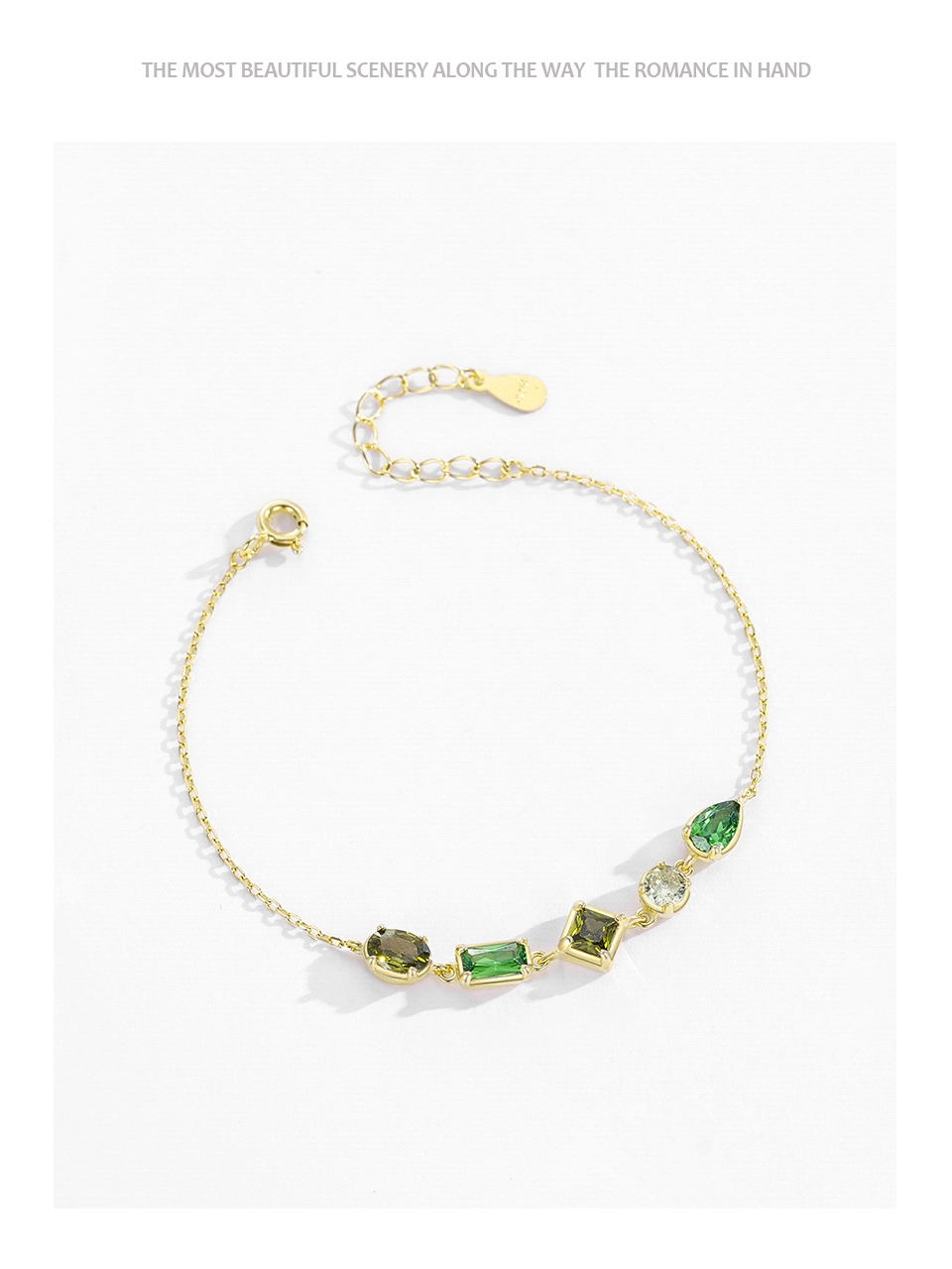 Geometric Design Green Yellow Cubic Zircon Chain Bracelet 925 Sterling Silver