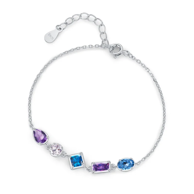 Blue Purple Zircon Geometric Design Chain Bracelet 925 Sterling Silver