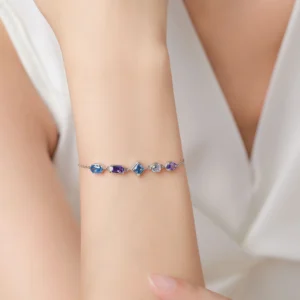 Blue Purple Zircon Geometric Design Chain Bracelet 925 Sterling Silver