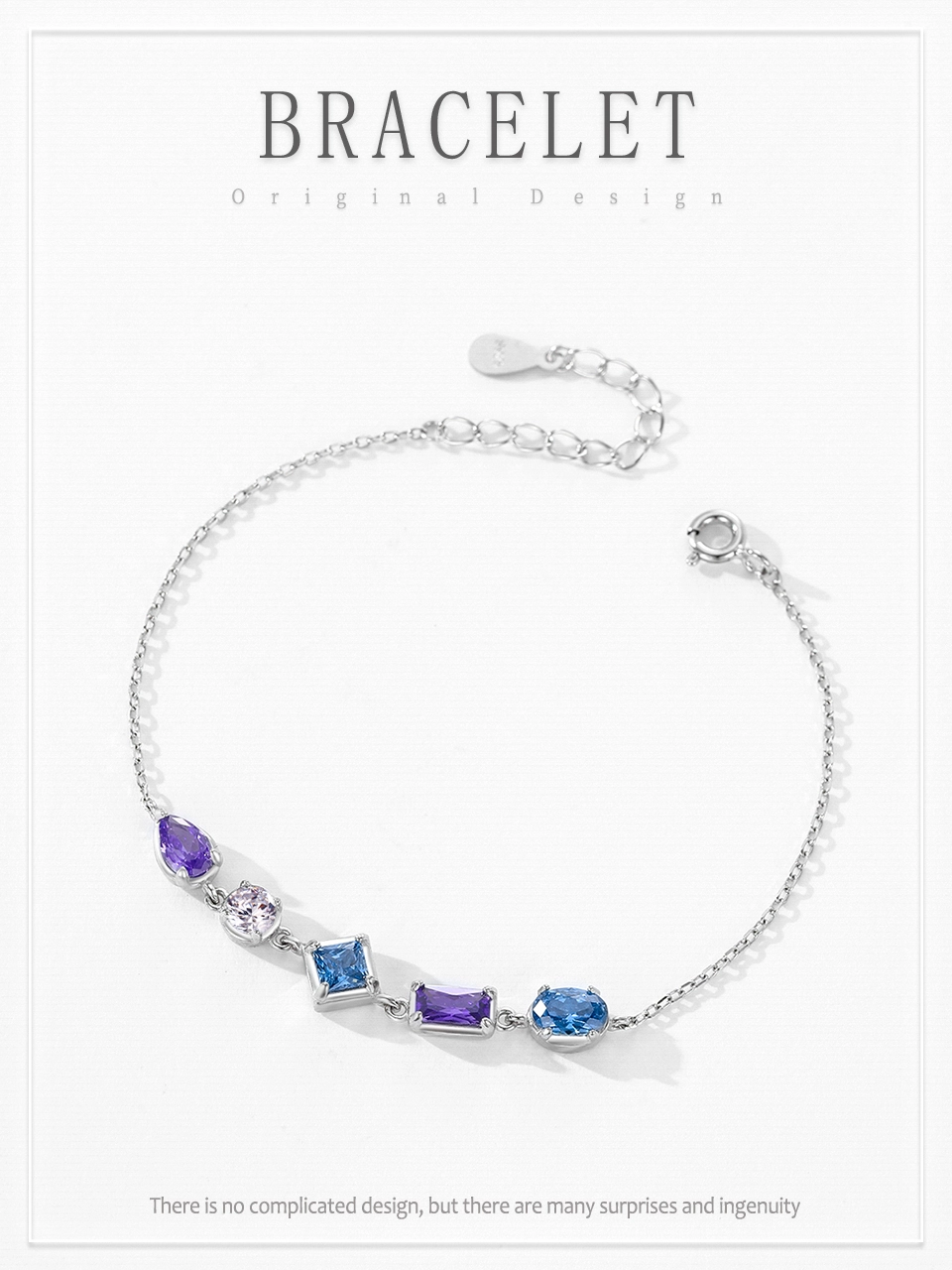 Blue Purple Zircon Geometric Design Chain Bracelet 925 Sterling Silver