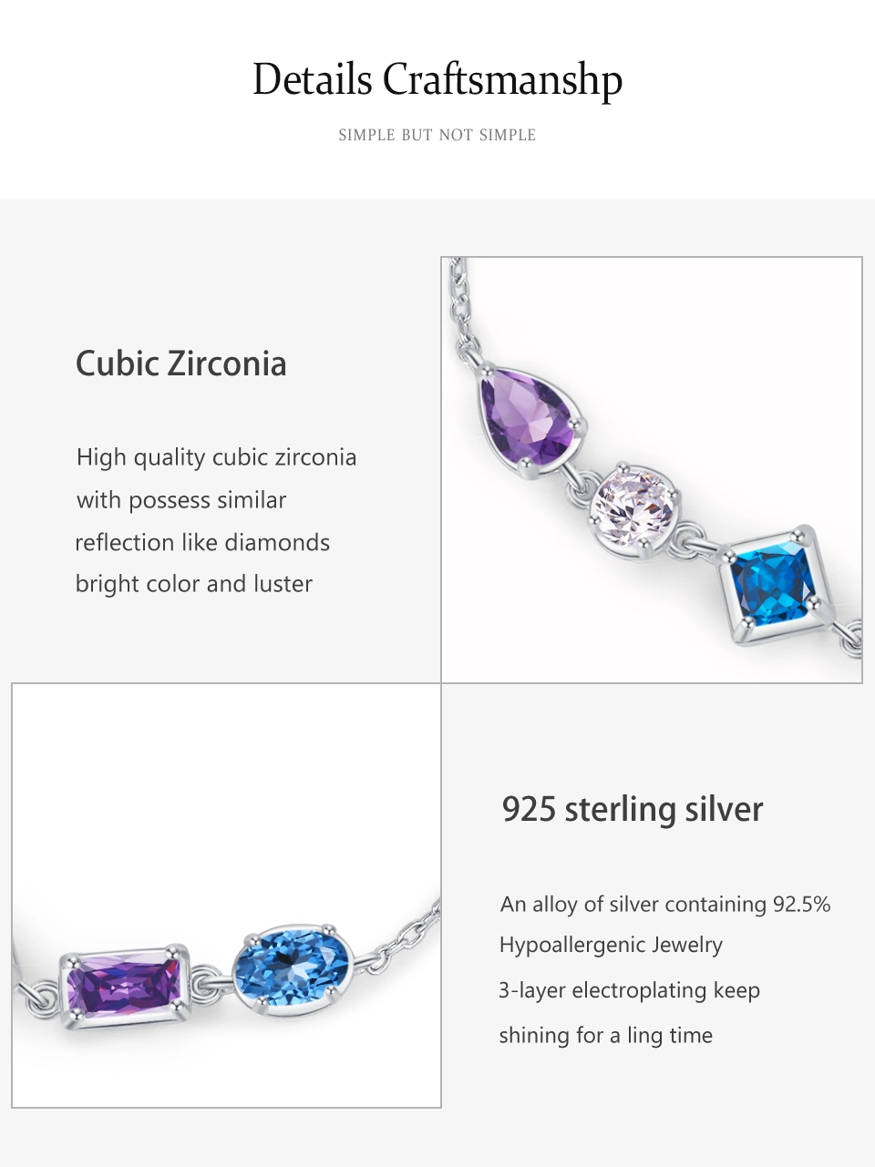 Blue Purple Zircon Geometric Design Chain Bracelet 925 Sterling Silver