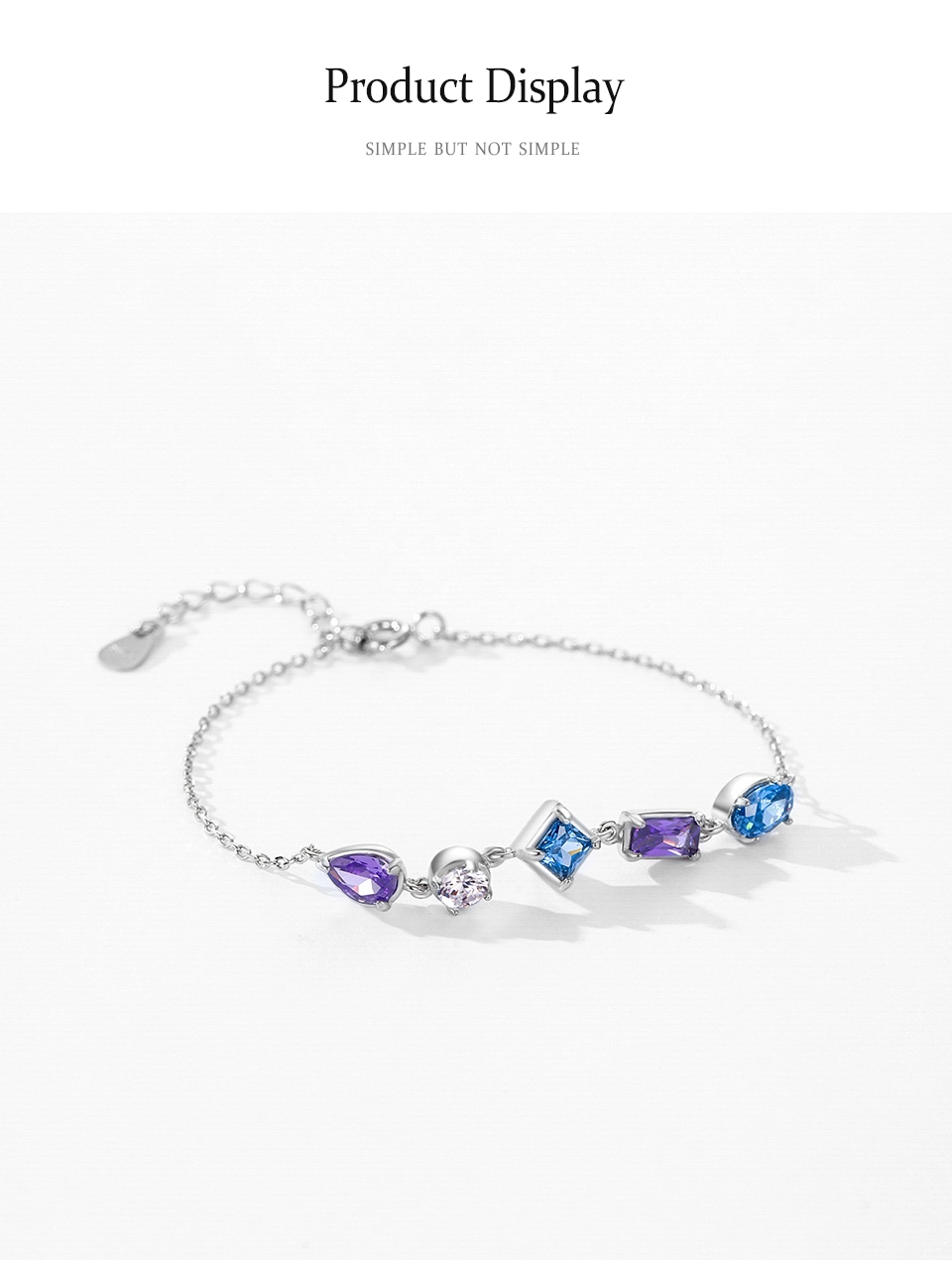 Blue Purple Zircon Geometric Design Chain Bracelet 925 Sterling Silver