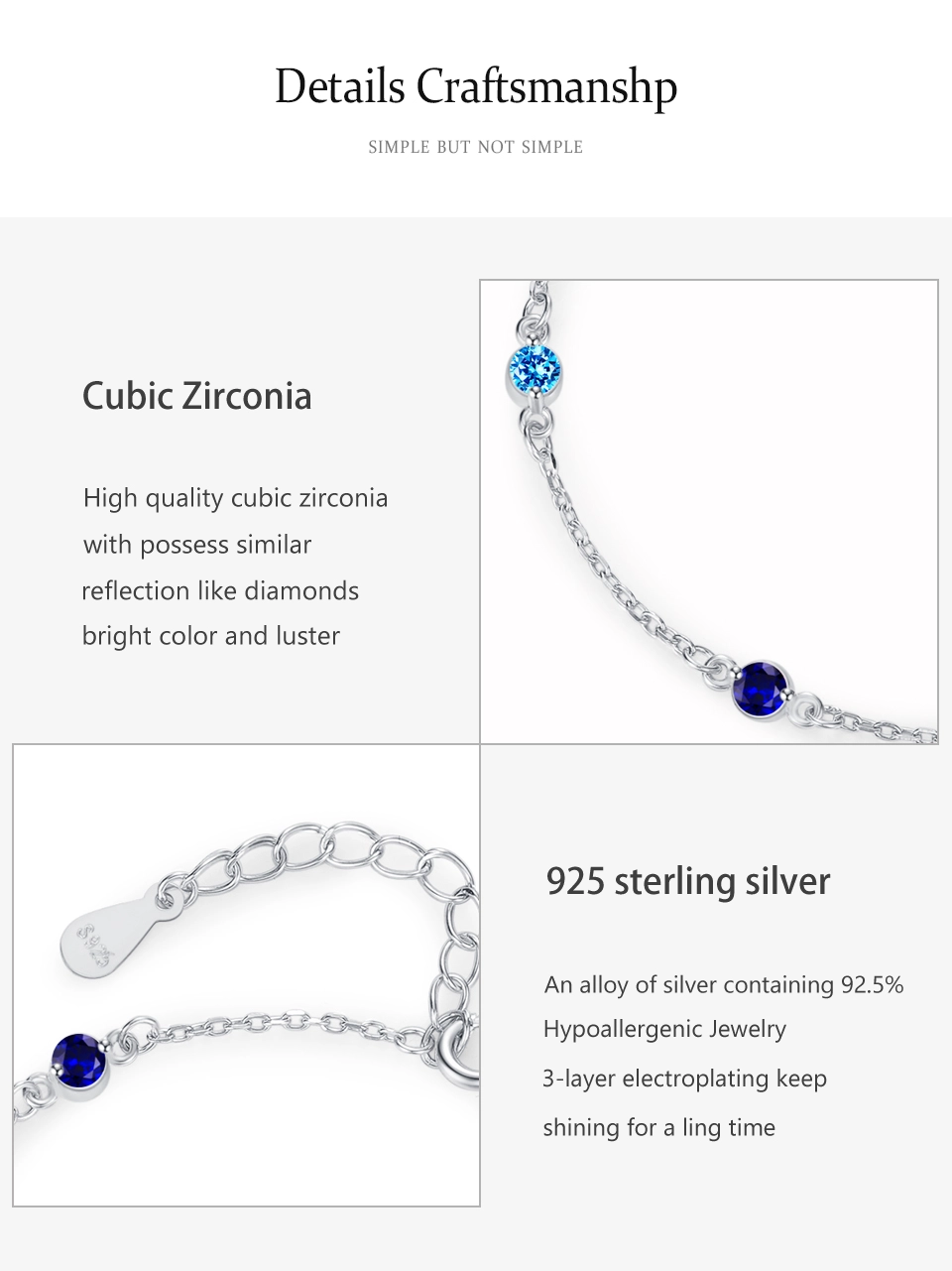 Retro Blue Series Round Zircon Chain Bracelets 925 Sterling Silver
