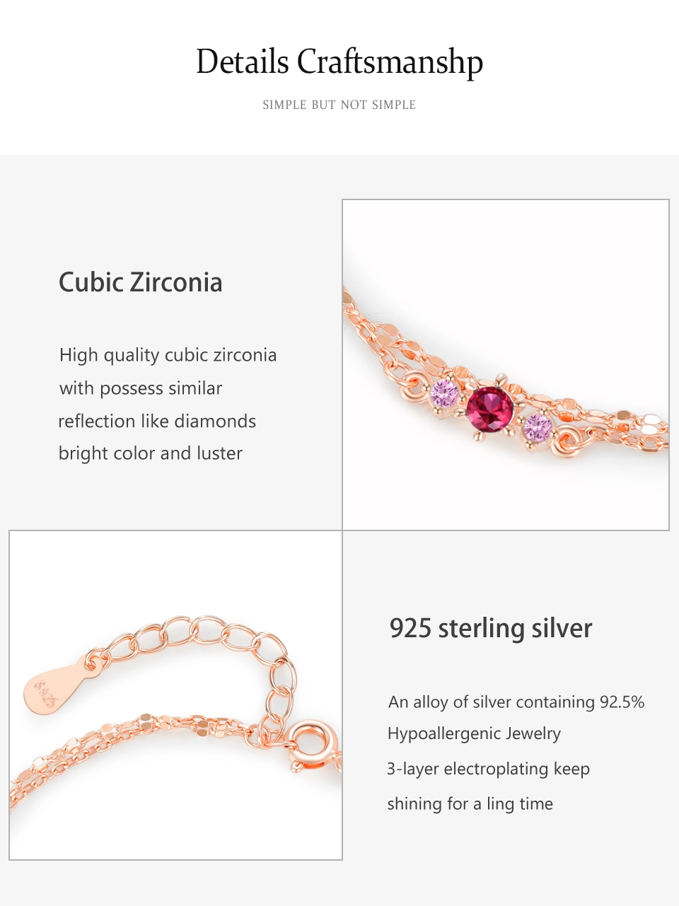 Pink Zircon Double-Layer Chain bracelet 925 Sterling Silver