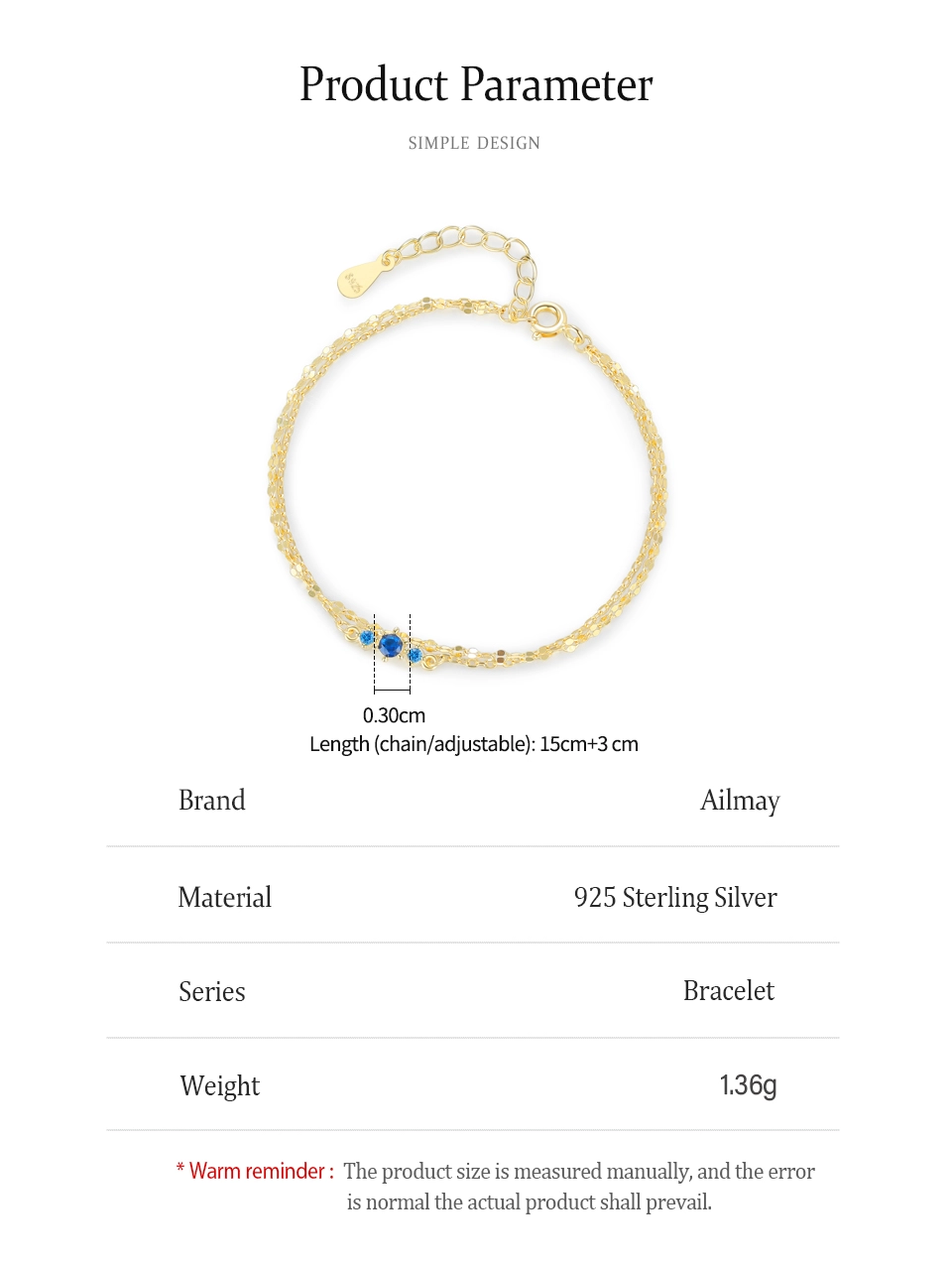 Elegant Blue Zircon Double-Layer Link Chain bracelet 925 Sterling Silver