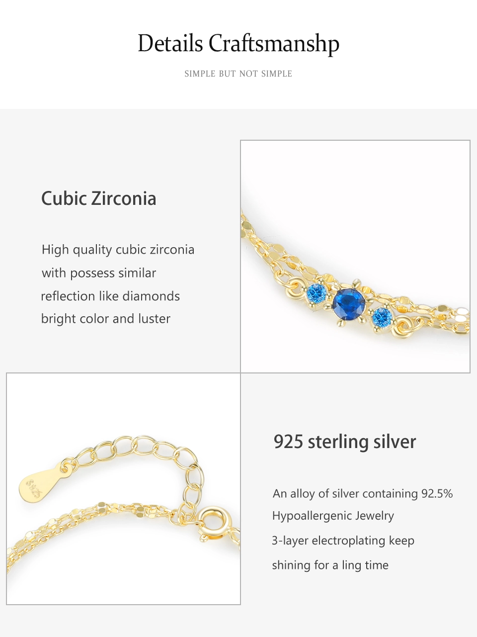 Elegant Blue Zircon Double-Layer Link Chain bracelet 925 Sterling Silver