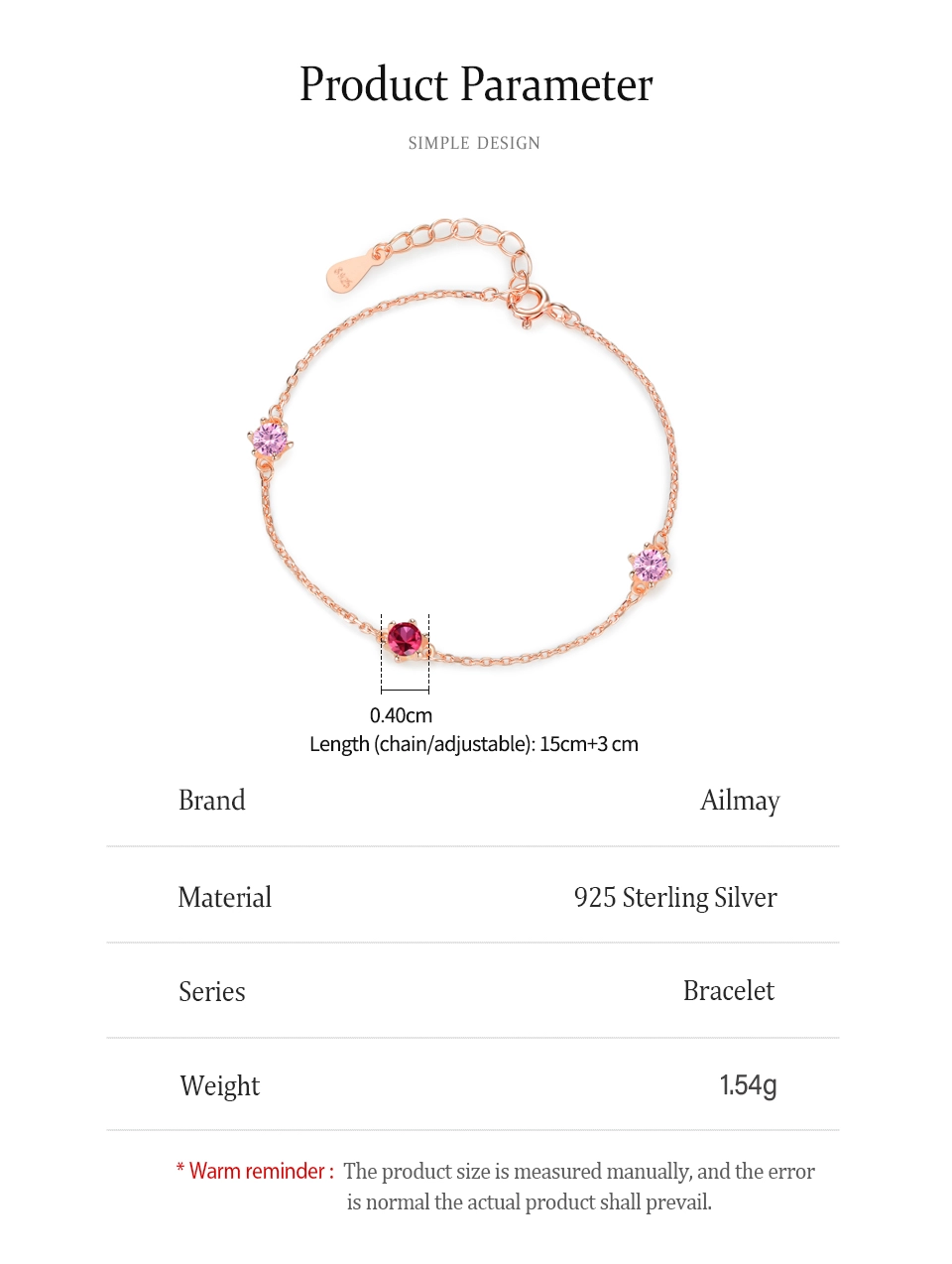 Pink series Zircon Rose Gold Color Chain Bracelet 925 Sterling Silver