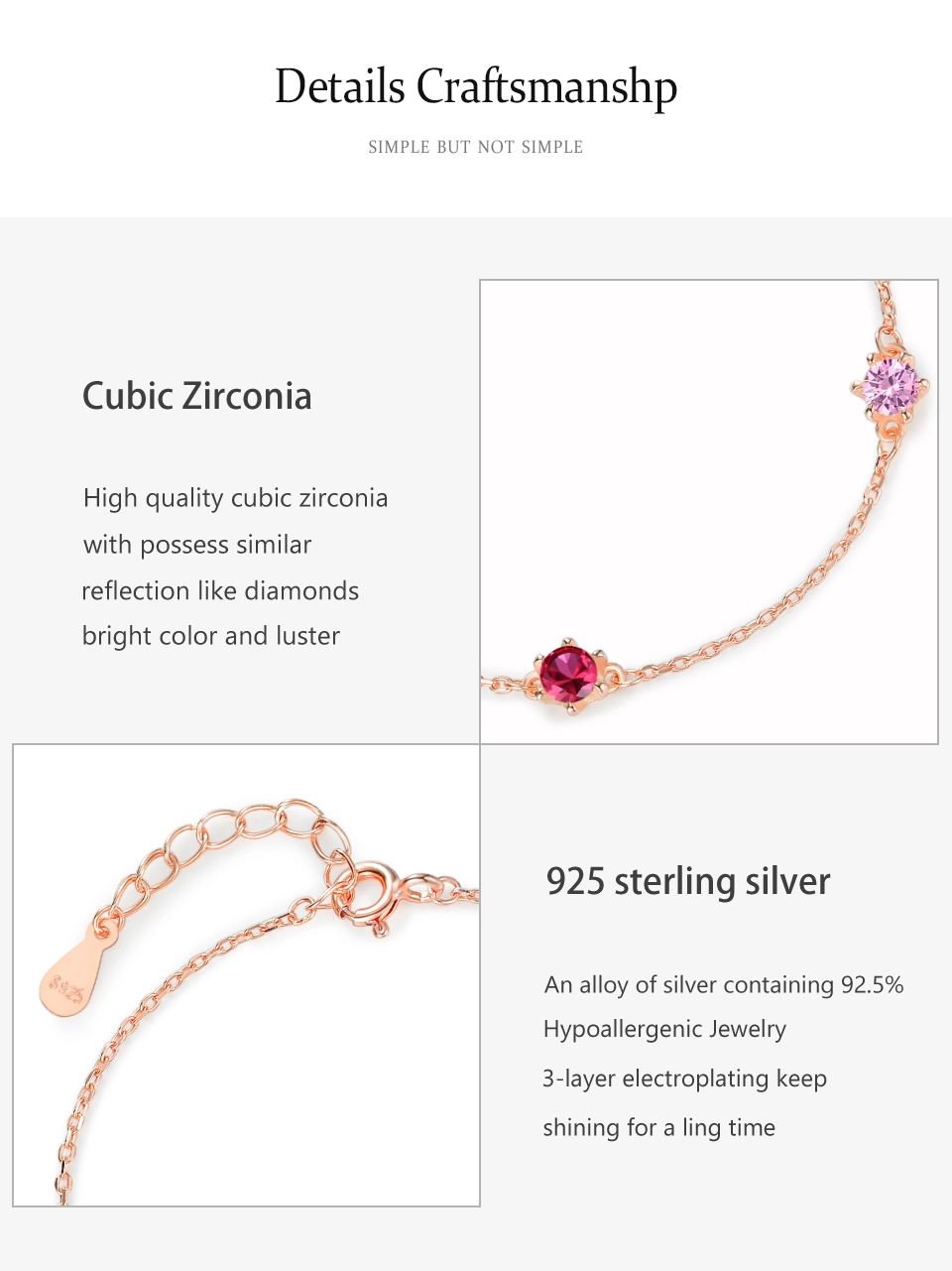 Pink series Zircon Rose Gold Color Chain Bracelet 925 Sterling Silver
