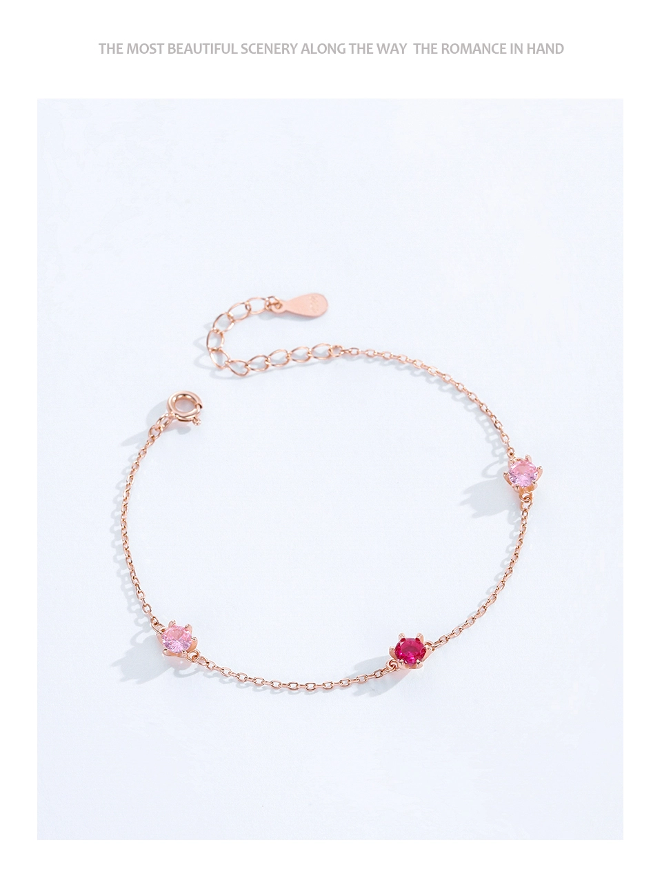 Pink series Zircon Rose Gold Color Chain Bracelet 925 Sterling Silver