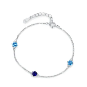 Round Blue Cubic Zirconia Chain Bracelets 925 Sterling Silver