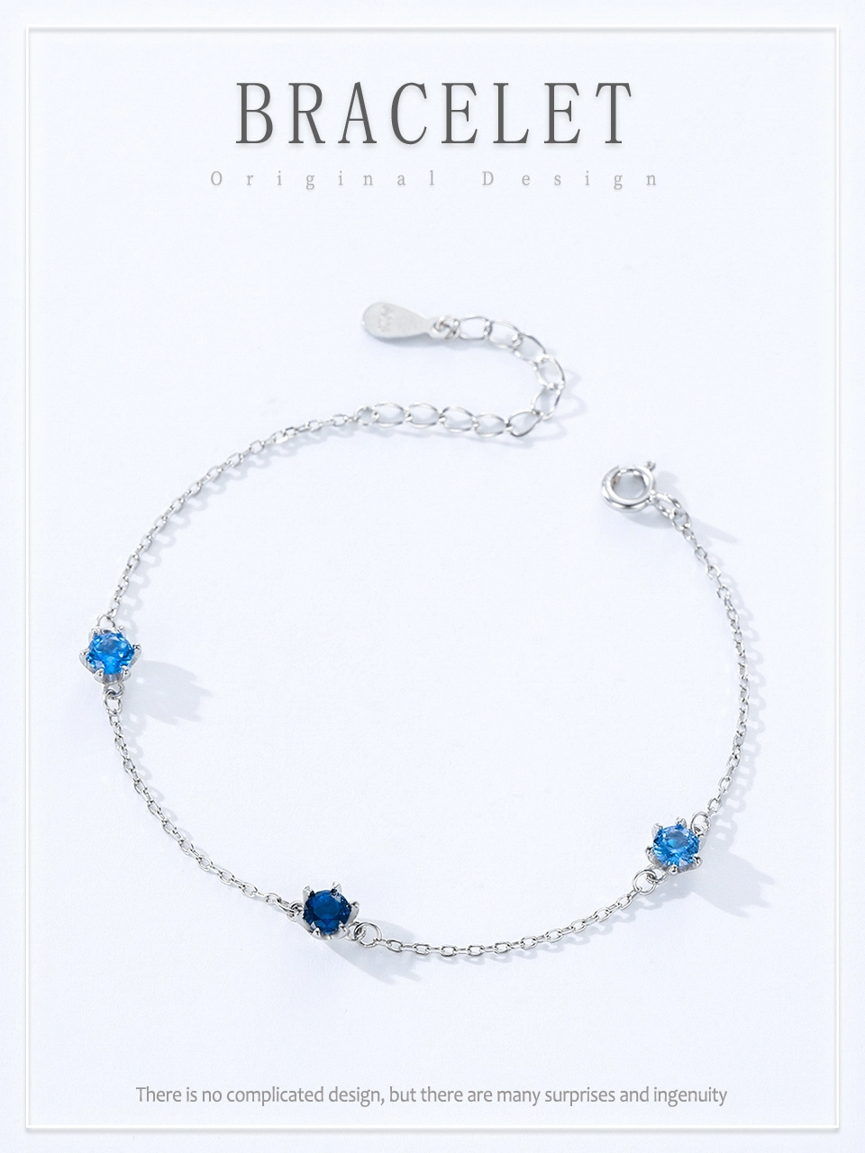 Round Blue Cubic Zirconia Chain Bracelets 925 Sterling Silver