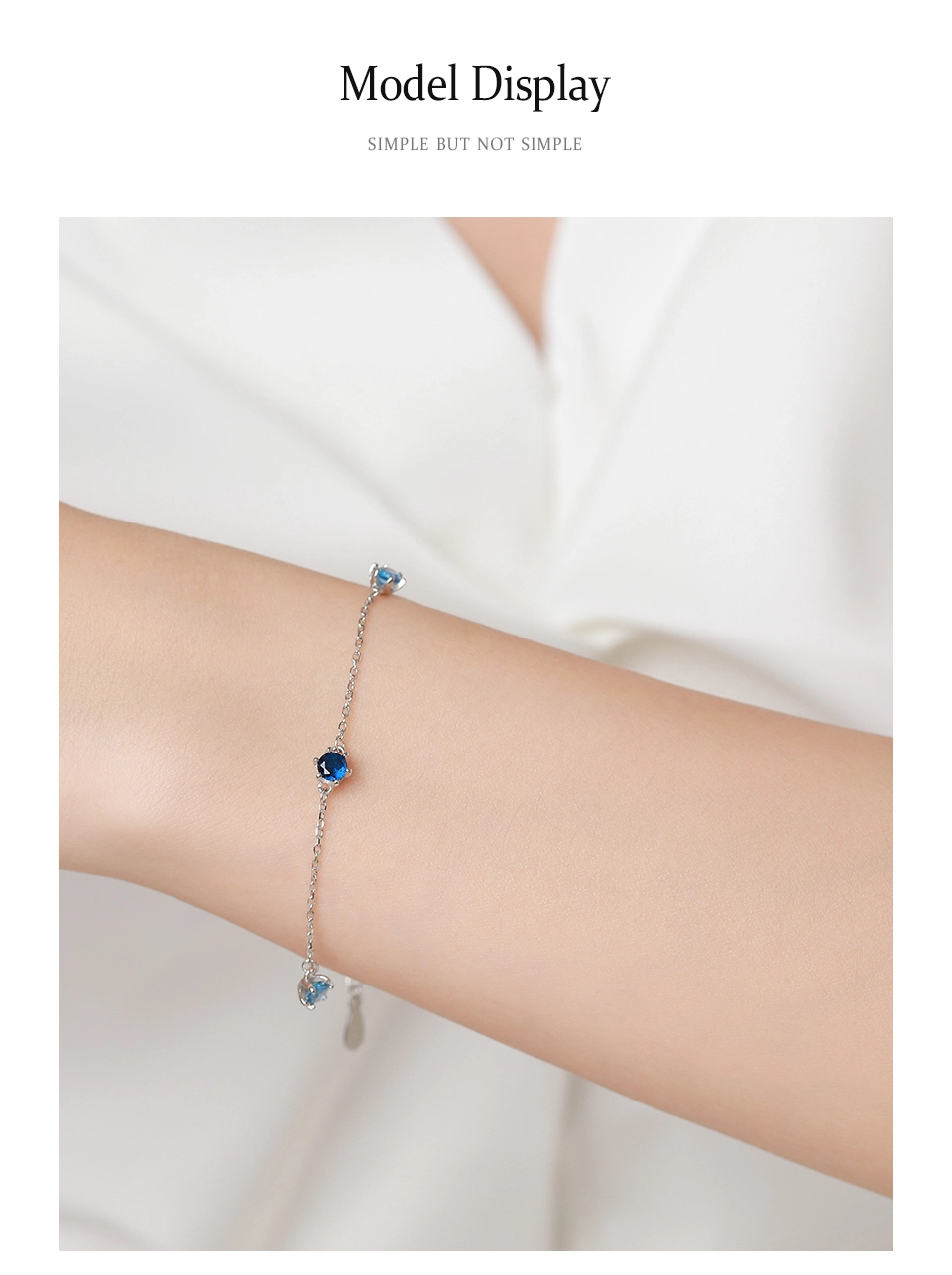 Round Blue Cubic Zirconia Chain Bracelets 925 Sterling Silver