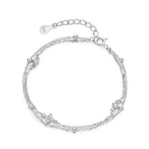 Lucky Four Leaf Flower Double Layers Small Round Chain Bracelet 925 Sterling Silver