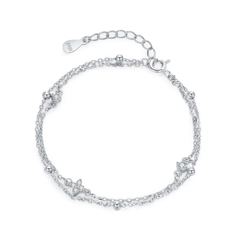 Lucky Four Leaf Flower Double Layers Small Round Chain Bracelet 925 Sterling Silver