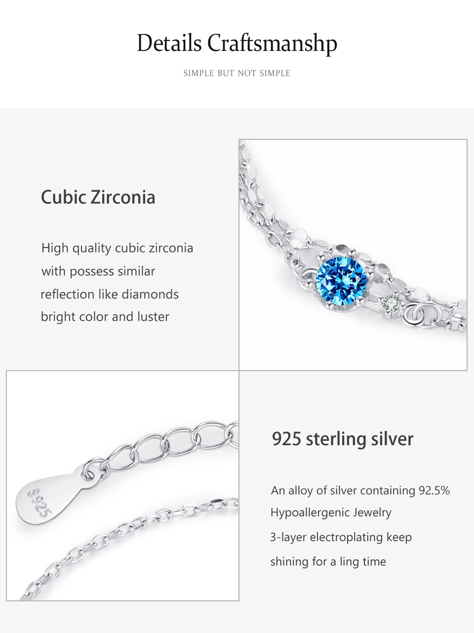 Blue Zircon Chain Bracelets Women Adjustable 925 Sterling Silver