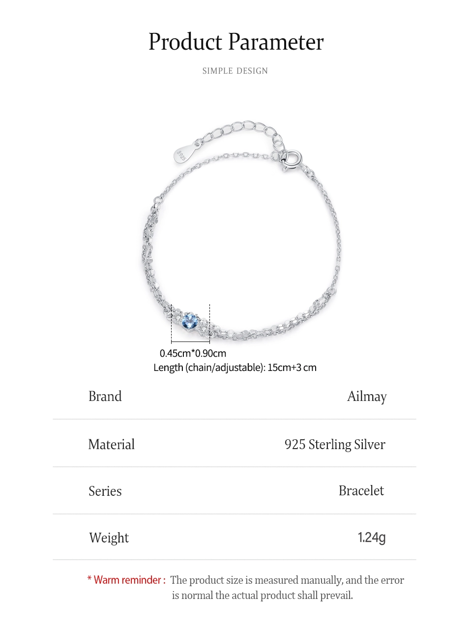 Elegant Light Blue Zircon Chain Bracelet 925 Sterling Silver