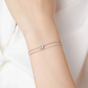Elegant 925 Sterling Silver Pink Zircon Double layered bracelet
