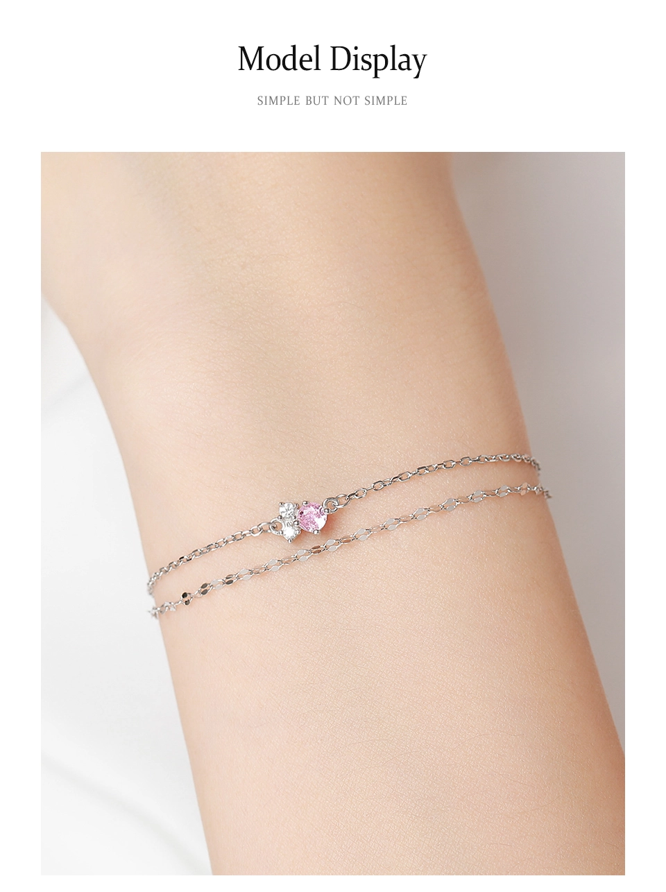 Elegant 925 Sterling Silver Pink Zircon Double layered bracelet