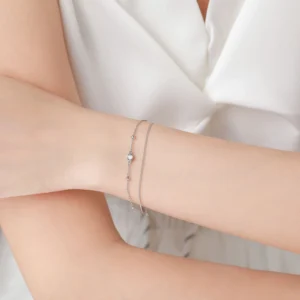 White Zircon Double Layers Chain Bracelet 925 Sterling Silver
