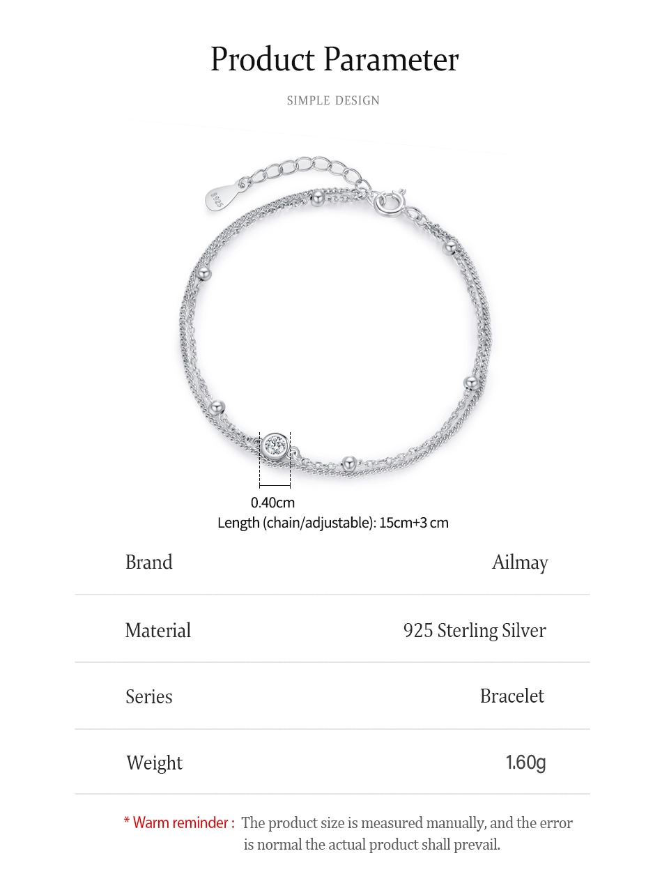White Zircon Double Layers Chain Bracelet 925 Sterling Silver