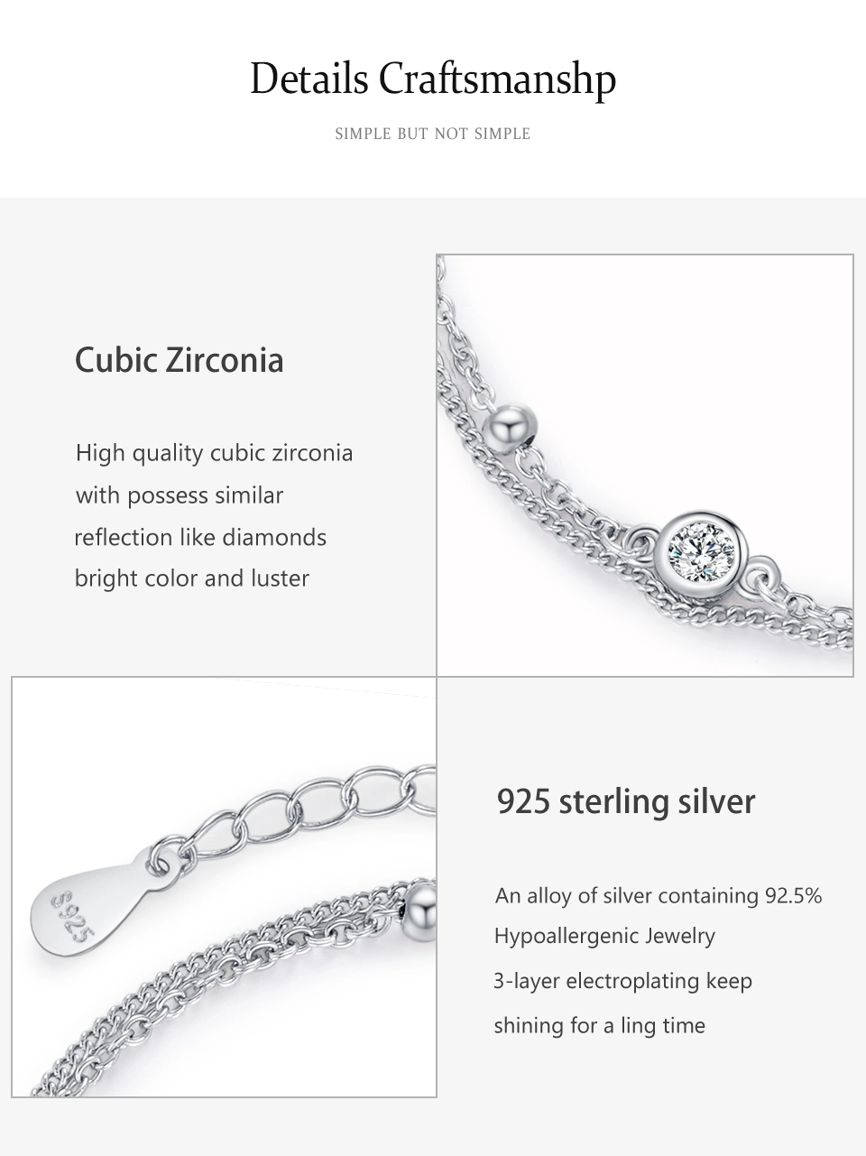 White Zircon Double Layers Chain Bracelet 925 Sterling Silver