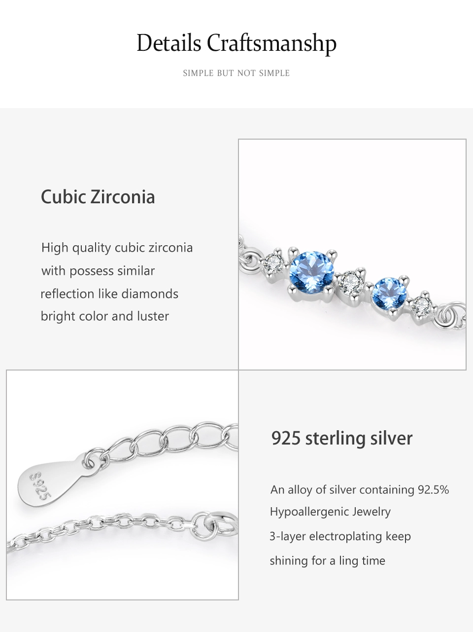 Elegant Blue White Interval Zircon Chain Bracelet 925 Sterling Silver