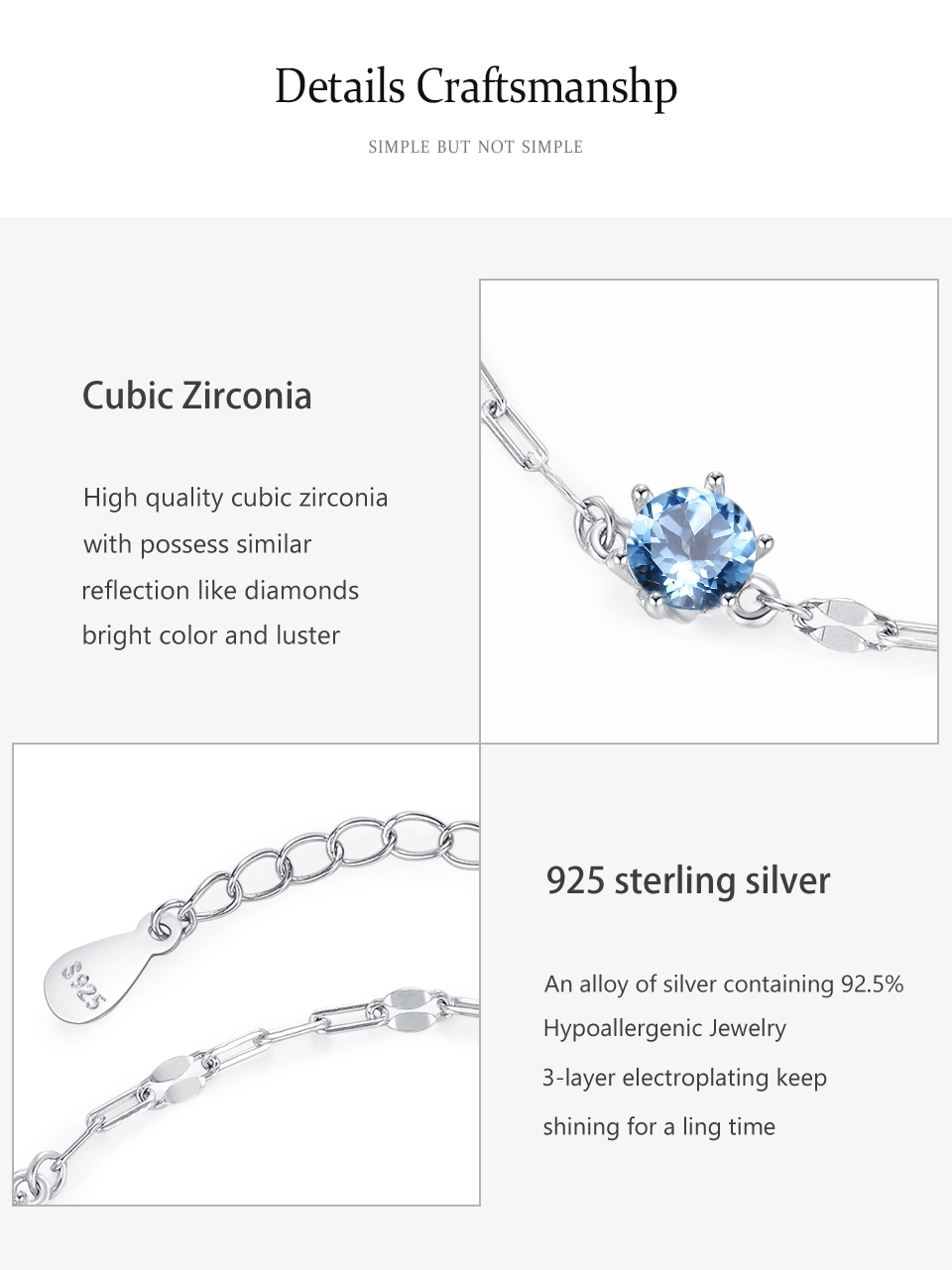 Exquisite Sea Blue Zircon Chain Bracelet 925 Sterling Silver