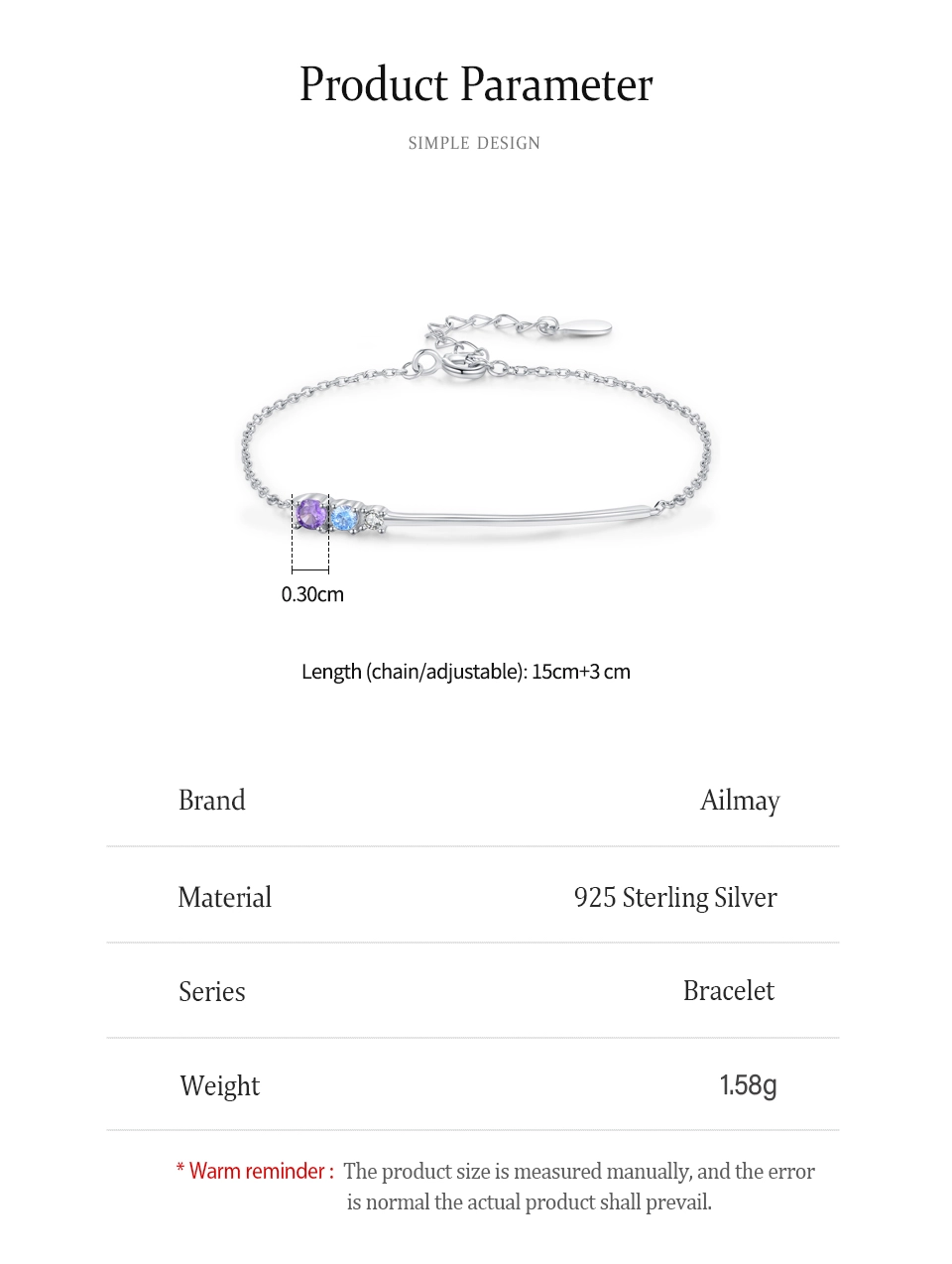 Colored Zircon Line Design Chain Bracelet 925 Sterling Silver